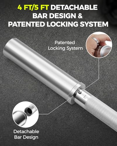 DASKING 4ft/4.9ft Barbell, 2-Inch Olympic Detachable Bar, Portable Strength Training Bar for Weightlifting, Squat, Bench Press, Home Gym, 450LBS, Includes Silent Collars - size: 4.9 Ft