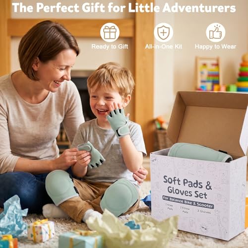 Soft Toddler Knee Pads and Elbow Pads Set with Bike Gloves | Non-Slip Toddler Knee Pads for Boys Girls 2-4 Years, Breathable Kids Protective Gear for Balance Bike, Scooter, Bicycle - color: Sage Green
