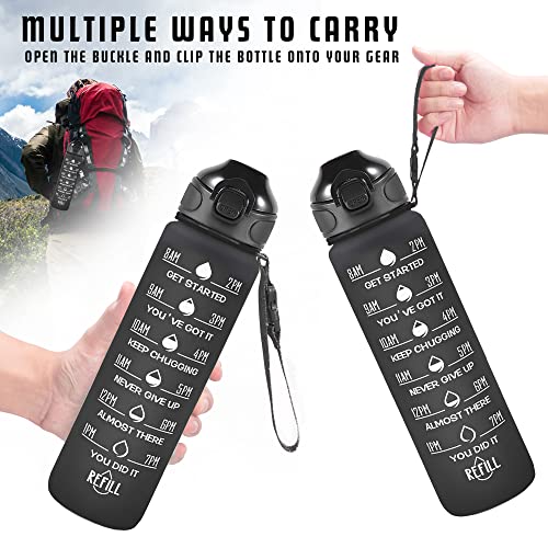 Enerbone 32 oz Drinking Water Bottle with Times to Drink and Straw, Motivational with Carrying Strap, Leakproof BPA & Toxic Free, Ensure You Drink Enough Water for Fitness Gym Outdoor - color: Black Matte