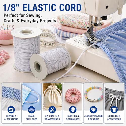 Lydia's Deal Elastic Cord 1/8 Inch (3MM) x 50 Yards White, Stretch Elastic String for Sewing, Crafts, Jewelry, Beading, Mask Ear Loop, Strong & Soft Elastic Roll - color: White, size: 1/8 Inch * 50 Yards