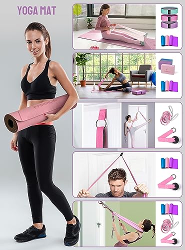 1/3 Yoga Mat Thick, Yoga Set for Beginners Include High Density Mat with Multi-loops Strap, Blocks, Booty Resistance Band Set, Door Anchor, Carring Bag & Strap - color: PINK&GREY