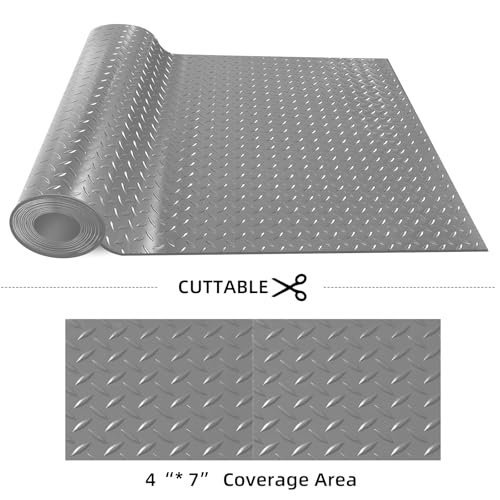 Diamond-Plate Rubber Flooring Rolls, 21FT *16IN Garage Floor Mat, 4 * 7Ft Cover Area PVC Garage Flooring Roll for Garage Floor, RV Trailer Flooring, Water/Stain Resistant Parking Mat Grey(1Pcs) - color: Grey