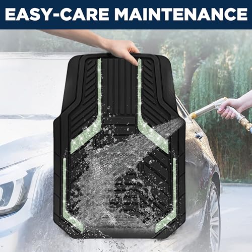 PIC AUTO Car Floor Mats, Green Sparkly Crystal Bling Glitter Car Mats Set, Front and Rear Heavy Duty Rubber Car Mats with Anti-Slip Backing, All Weather, Trim-to-Fit for Automotive SUVs, Sedan, Vans - color: Green Glitter