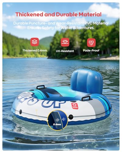 QPAU Inflatable River Tube, 0.4 mm Thickened Puncture-Resistant Heavy Duty River Float, River Raft with Ergonomic Backrest, Mesh Bottom & 2 Cup Holders for Adults and Friends Lake Float - color: B-Sky Blue 01
