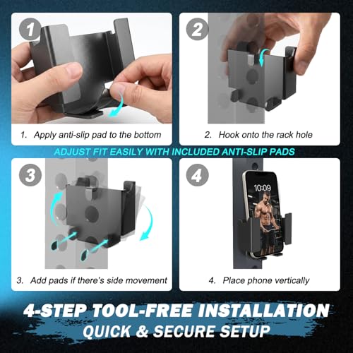 J Bryant Rack Mounted Phone Holder for 2x2 / 3x3 Power Rack & Squat Rack (Sold Separately) Fixed Side Slots & Hook Mount Phone Stand Compatible with 5/8–1 inch Rack Holes