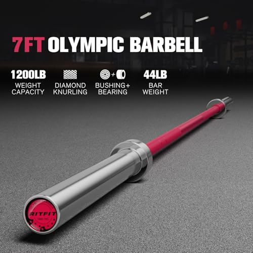 RitFit Elite 7ft Olympic Barbell, Robust 45lb Barbell for Weightlifting and Powerlifting, Superior Olympic Bar with Exceptional 500lbs Load Capacity, Weight Bar for 2” Standard Plates - color: Silver/Pink, size: 7 ft 1200 lb 45 lb without Collar
