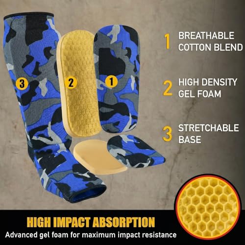 Be Smart Kids, Adults, Youth, Men and Women Muay Thai MMA Kickboxing Shin Guards, Instep Guard Training, Sparring Protective Gear Equipment Shin Kick Pads - color: Blue Camo, size: XXS ( 9 to 13 Years )