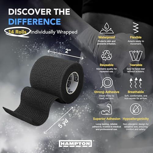 Hampton Adams | As Seen on Shark Tank | Self Adhesive Bandage Wrap (14-Pack) | 15ft | Pet Safe | Breathable Athletic Elastic Cohesive Bandage for Sports Injury Ankle Knee Wrist sprains (Black) - color: Black