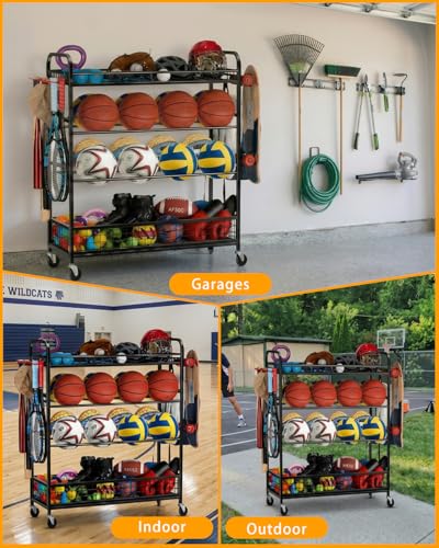 EXTCCT Garage Sports Equipment Organizer - Rolling Ball Storage Bin with Wheels, Garage Sports Gear Rack Outdoor Basketball Racks for Balls with Baseball Bat Holder and Hooks, Toy Organizer - color: Black