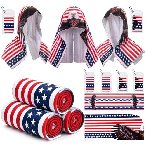 6 Pcs Cooling Hoodie Towel American Flag Ice Cooling Towels Eagle Cool Face Neck Towel Cool Rags for Sports Sun Protection Sweat Lasting Reusable Gym Camping Outdoor Cycling Hiking Running