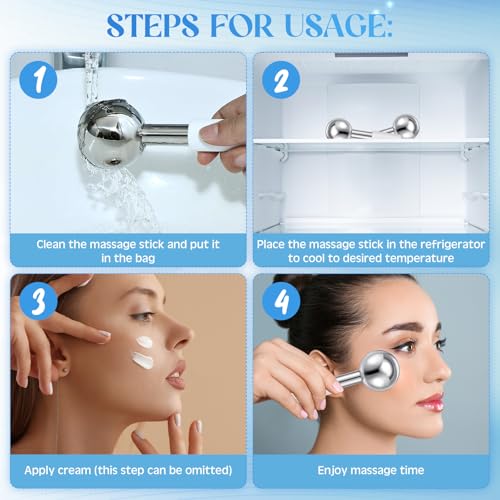 Baderke 2 Pcs Ice Globes for Face Stainless Steel Cooling Globes Unbreakable Cooling Roller Women Ice Balls Cryo Sticks Facials Skin Care for Dark Circles, Puffiness(Silver (White Handle)) - color: Silver (White Handle)