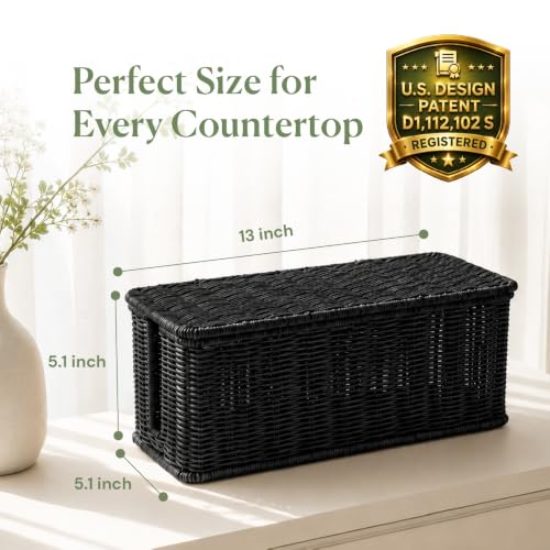 Cable Management Box, Handmade Rattan Cable Organizer with 2 Open Slots, Cord Hider for Power Strip, Router & USB Hub, Registered U.S. Design Patent (D1,112,102), 13" x 5.1" x 5.1", Black - color: Black, style: Rectangle