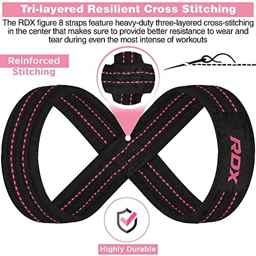 RDX Weight Lifting Straps Figure 8, Anti Slip Strap with Cuffs Wrist Support for Gym Workout Deadlift Powerlifting Bodybuilding Weightlifting, Fitness Strength Training, Hand Bar Grip for Men - color: BLACK PINK, size: Medium