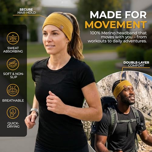 menique 100% Merino Wool Headband for Women Non Slip Stretchy Workout Sweatband Moisture Wicking Breathable Wide Hairband for Running Hiking Sport Gym Yoga Nurse Fashion (Black, One Size) - color: Yellow