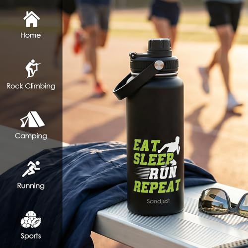 SANDJEST Running Insulated Stainless Steel Water Bottle 32oz, Eat Sleap Run Repeat, Vacuum Chug Lid Travel Tumbler for Men Friends Dad Brothers Runners, Gift for Birthday Christmas - color: Running