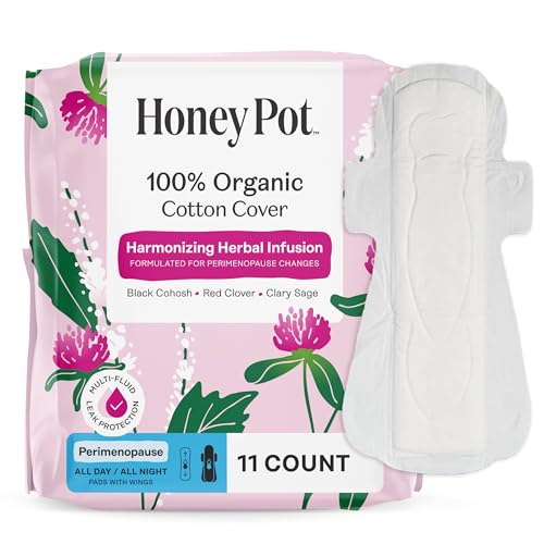 Honey Pot - Perimenopause All Day All Night Pads for Women - 100% Organic Cotton Top Sheet - Feminine Care - Multi-Fluid Absorbency - Harmonizing Herbs of Black Cohosh, Clary Sage, & Red Clover - 11ct - size: 11 Count (Pack of 1), style: Peri-Menopause Al
