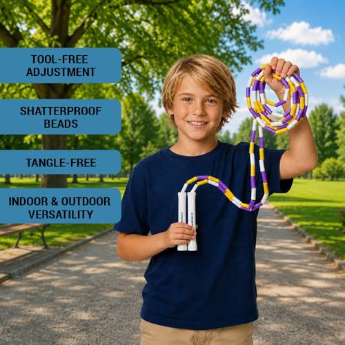 HEREROPE Jump Rope for Kids Ages 4-7 8-12, Hard Shatterproof Beads, Adjustable 7.2FT Tangle-Free Jump Rope for Boys Girls, School PE Fitness Outdoor Exercise - color: Blue White