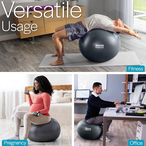 Core Balance Exercise Ball, Stability Ball for Yoga, Pilates and Fitness, Gym Ball for Home Gym and Office Chair, Training, Physical Therapy, Anti Burst, Pump Included, 55cm 65cm 75cm 85cm - color: Black, size: S (15–18in | 38–45cm)