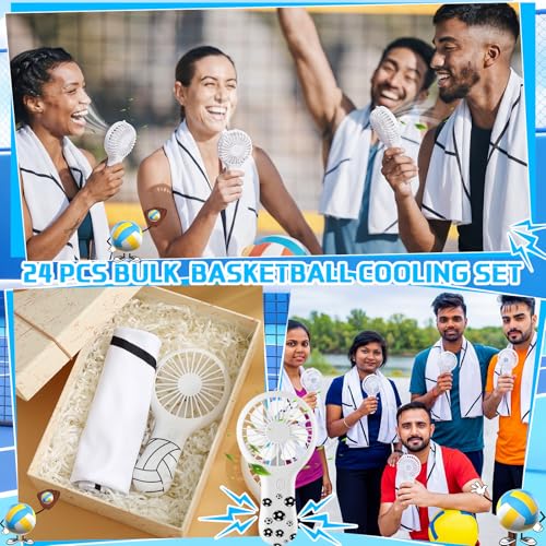 Woanger 24 Pcs Volleyball Cooling Towels and Fans Sets Mini Handheld Fans Bulk 3 Speeds USB Lash Towel for Sporting Volleyball Gifts for Team Games Party Favor - style: Volleyball