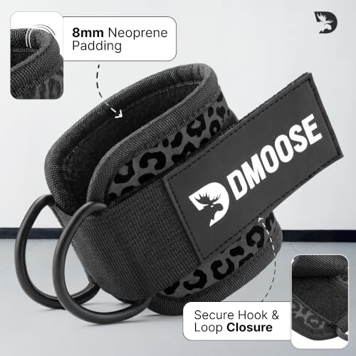 DMoose Ankle Strap for Cable Machine - One Size Fit with Premium Padding, Workout Kickback Ankle Cuffs, Ankle Bands for Working Out, Booty Workouts, Leg Extension, Hip Abductors & Lower Body Exercises - color: Black Leopard - Single