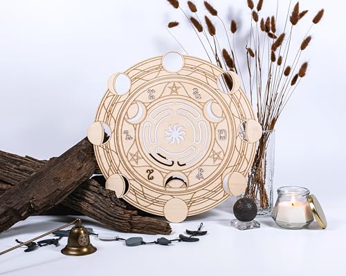 Fourth Level MFG 12" Hecate's Wheel, Ancient Greek Wood Wall Art, Moon Goddess Symbol, Wiccan Home Decoration for Yoga and Meditation, Good Spiritual Energy Altar Decor, Chakra Crystal Grid