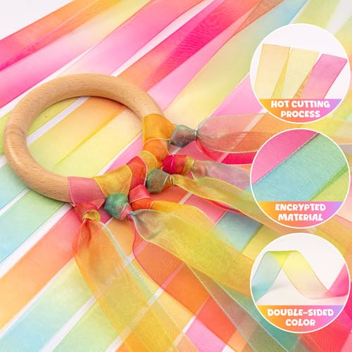 2Pcs Ribbon Hand Kites, Gymnastics Dance Ribbons,Dancing Streamer with Wood Ring for Artistic Dance, Gymnastics, Entertainment, Decoration and Party - color: Aurora Gleam