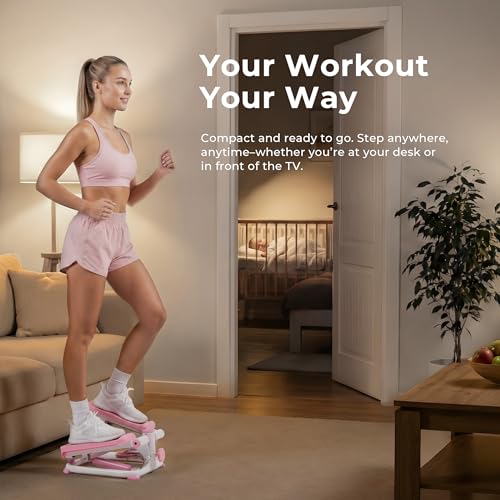 Sunny Health & Fitness Mini Steppers with Digital Monitor and Resistance Bands, Compact Low-Impact Cardio Machines for Home Workouts - color: Pink