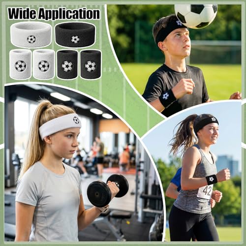 6Pcs Soccer Headband Sweatband Set - 2 Moisture Wicking Terry Cloth Headbands & 4 Athletic Wristbands Sweat Absorbing Sports Accessories for Workout Running Kids Teens