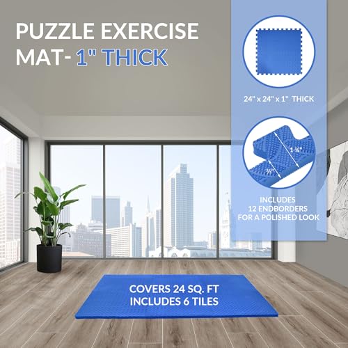 Fitvids Puzzle Exercise Gym Flooring Mat, 1" Thick High-Density EVA Interlocking Tiles Workout Mat for Home Gym, Fitness Equipment, MMA, Gymnastics, 6-Piece Shock-Absorbing Exercise Mat (24 Sq Ft) - color: Navy, style: 1" Thick, 6 Tiles (24 Sq Ft)