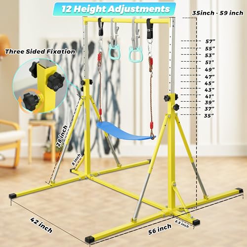 FC FUNCHEER Foldable Gymnastics Bar,5FT Horizontal bar,Adjustable Kids Training bar for Kids Ages 3-15,Kids Gymnastics bar,Triangle Stable Structure-Gym Equipment for Home - color: Bright yellow, style: Bar-Swing-Rings