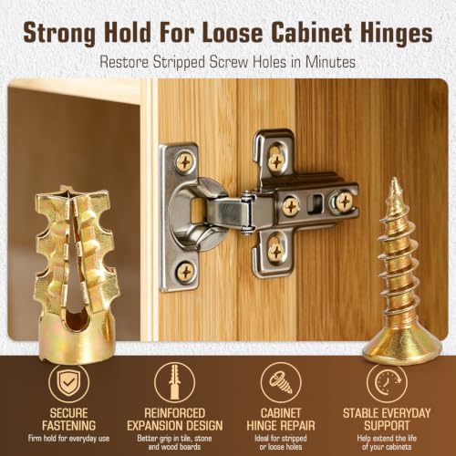 50Pcs 6×14mm Short Expansion Screw Set for Cabinet Hinge Repair, Hinge Repair Screws and Expansion Anchors