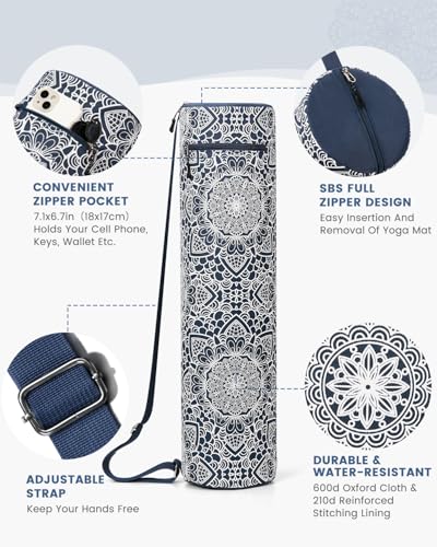 Gonex Yoga Mat Bag with Full-Zip Design, Fits Most Mats | 600D Oxford Fabric, Wet Pocket, Front Zip Pocket, Adjustable Strap, Fits Mats up to 26" - color: Navy Blossom