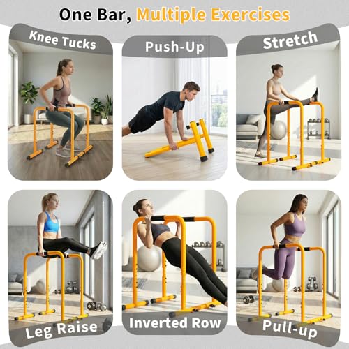 NEWBULIG Dip Bar Station, Adjustable Parallel Parallettes Bar with Soft High-Density Foam Handles, Heavy Duty Dip Stands Workout Equipment for Home, Gym, Patio, Office - color: Warm Yellow