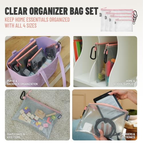 GOBAGS Air Production Multi‑Size Clear Zipper Pouch (4‑Pack) – Cable Organizer & Travel Gear Bag for Electronics, Camera Accessories, Tool Pouch & Small Tech Storage (Pink) - color: Pink, size: Multi