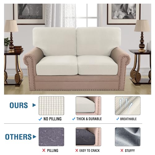 H.VERSAILTEX Multi-Pieces Loveseat Covers for 2 Cushion Couch High Stretch Couch Cushion Covers Jacquard Textured Twill Fabric(2 Seat Covers Plus 2 Back Cushion Covers, Ivory) - color: Ivory, size: 2 SEAT COVERS + 2 BACK COVERS