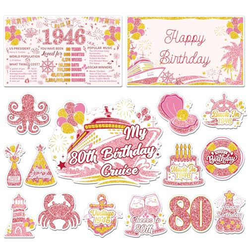 Wxiben Cruise Door Decorations Magnetic - 16 Pcs Rose Gold 80th Birthday Cruise Door Magnets with 3 Pens Back in 1946 Carnival Cruise Ship Door Decoration Stickers Decals for Party Cabin Fridge Decor - style: Rose Gold 80th Birthday