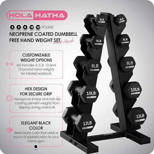 HolaHatha 1, 2 and 3 lb Neoprene Dumbbell Strength Training Weight Set with Rack - color: Black, size: 76 LB