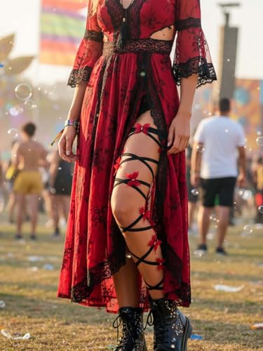 Rave Leg Wrap Butterfly Lace Rhinestone Non-Slip Elastic Legging Gothic Festivals Coachella Outfits for Women - color: Black a