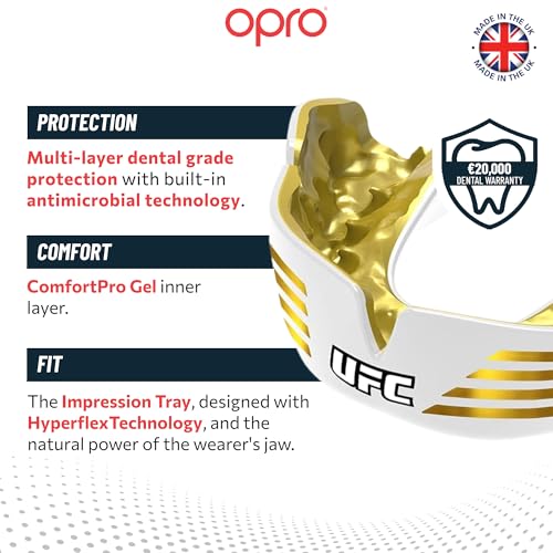 OPRO Instant Custom-Fit Mouth Guard, Dentist-Level Comfort, Protection & Fit - Moldable Mouthguard for Football, Boxing, Rugby, MMA, BJJ, UFC Mouth Piece- Includes Mouth Guard Case (UFC White, Adult) - color: Ufc Strike - Gold/White