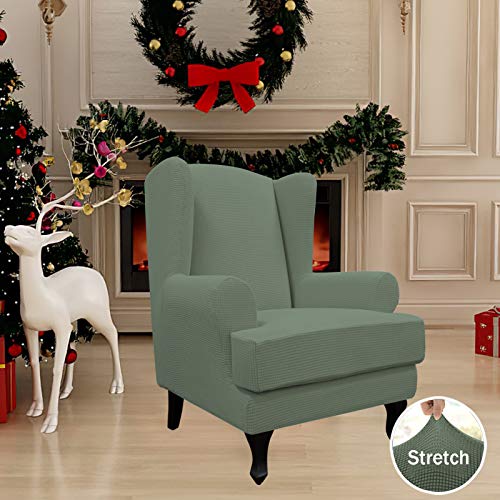 Easy-Going Stretch Wingback Chair Sofa Slipcover 2-Piece Sofa Cover Furniture Protector Couch Soft with Elastic Bottom, Spandex Jacquard Fabric Small Checks, Greyish Green - color: Greyish Green