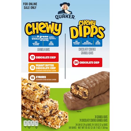 Quaker Chewy Granola Bars, Chewy & Dipps Variety Pack, (58 Bars), Whole Grains, No Artificial Flavors, No Added Colors,(Pack of 2) - size: 58 Count (Pack of 2)