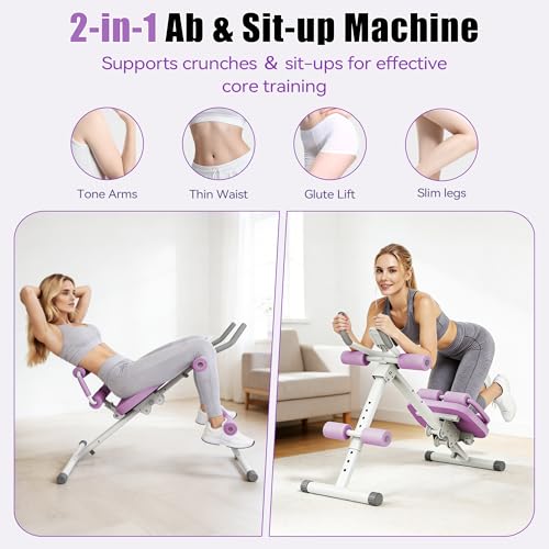 EPHESPORT Multifunctional Ab Machine, Crunch & Sit-Up Core Trainer, Adjustable Ab Trainer with Knee & Back Support, Foldable, Full Body Workout Equipment for Home Gym - color: Purple