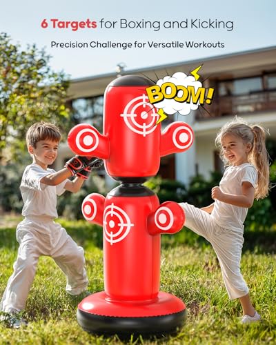 QPAU 360° Rotatable Punching Bag for Kids, Lager 64” Kids Punching Bag with Gloves, Hand Pump & 6 Targets, Bop Bag Inflatable Punching Toy, Karate Gifts for Boys, Girls - color: Red
