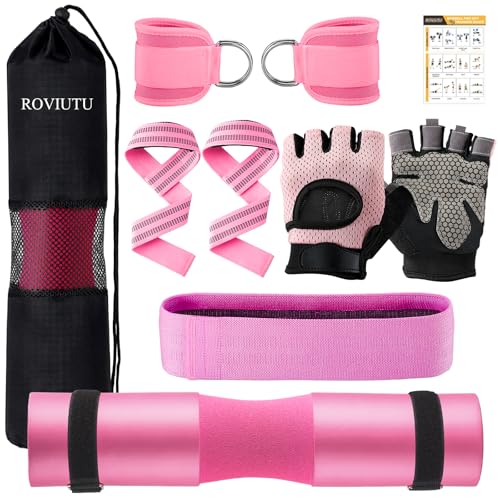Barbell Pad Set,10 Pcs Barbell Pads for Hip Thrust Squat & Lunges Support,with 2 Workout Ankle Straps, 2 Gym Straps Weight Lifting, 2 Gym Gloves, Resistance Band, Olympic Bar Pad,Carry Bag - color: Pink, size: Medium-Glove