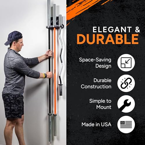 PRx Performance Three Barbell Storage Wall Mounted Hanging 3 Bar Holder USA Made American Black Powder Coated Space Saving Commercial or Home Gym Workout Fitness Equipment Garage Accessory Rack