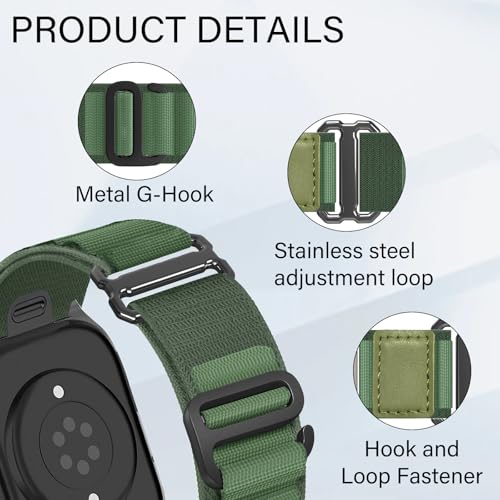 Alpine Loop Nylon Band - Compatible with Apple Watch Ultra 2/Ultra Bands 49mm 45mm 44mm for Men Women, Adjustable with Metal C Hook Strap for iWatch Ultra 2 iWatch Ultra Series 10 46mm SE/9/8/7/6/5 - color: Alpine/Dark Green Black