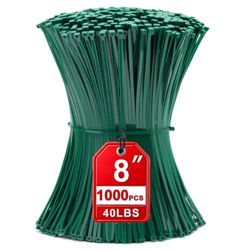 Zip Ties 8 inch, 1000 Pack Green Zip Ties,Green Cable Ties Self-Locking Nylon Cable Ties with 40 lbs Tensile Strength,Wire Ties for indoor and outdoor use. - color: Green, size: 8"(1000 Pack) 40 Lb