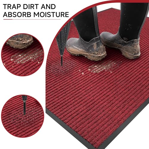 100pointONE Front Door Mat, Heavy Duty Indoor Outdoor Doormat, 48" x 24" Low Profile Outdoor Mats for Home Entrance, Stain and Fade Resistant Welcome Mat Ideal for High Traffic Area, Red - color: Red Striped, size: 2' x 4' (Rectangular)