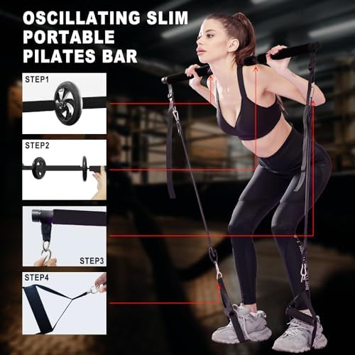 Pilates bar kit Multiple Fitness bar with Resistance Bands, Ab Rollers.Core Strength Training Equipment. Squat Machine for Men and Women.Portable Home Gym Pilates bar kit for Full Body Training Women - style: Black