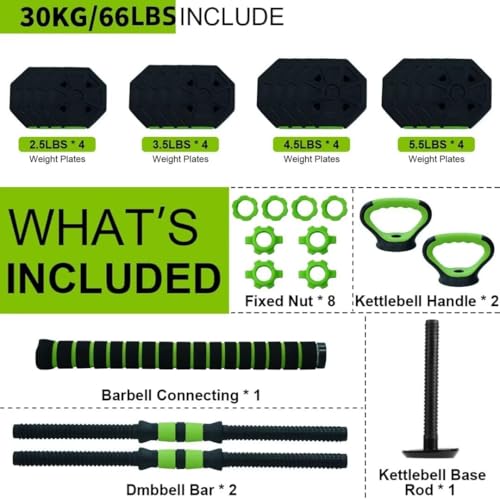 Adjustable Dumbbell Set, 44/66/88 Lbs Free Weight Dumbbells Set, 4 in 1 Dumbbells Set Used As a Kettlebell, Barbell, Push Up Stand, Exercise & Fitness for Home Gym, Black & Green - size: 66 LB-Octagon